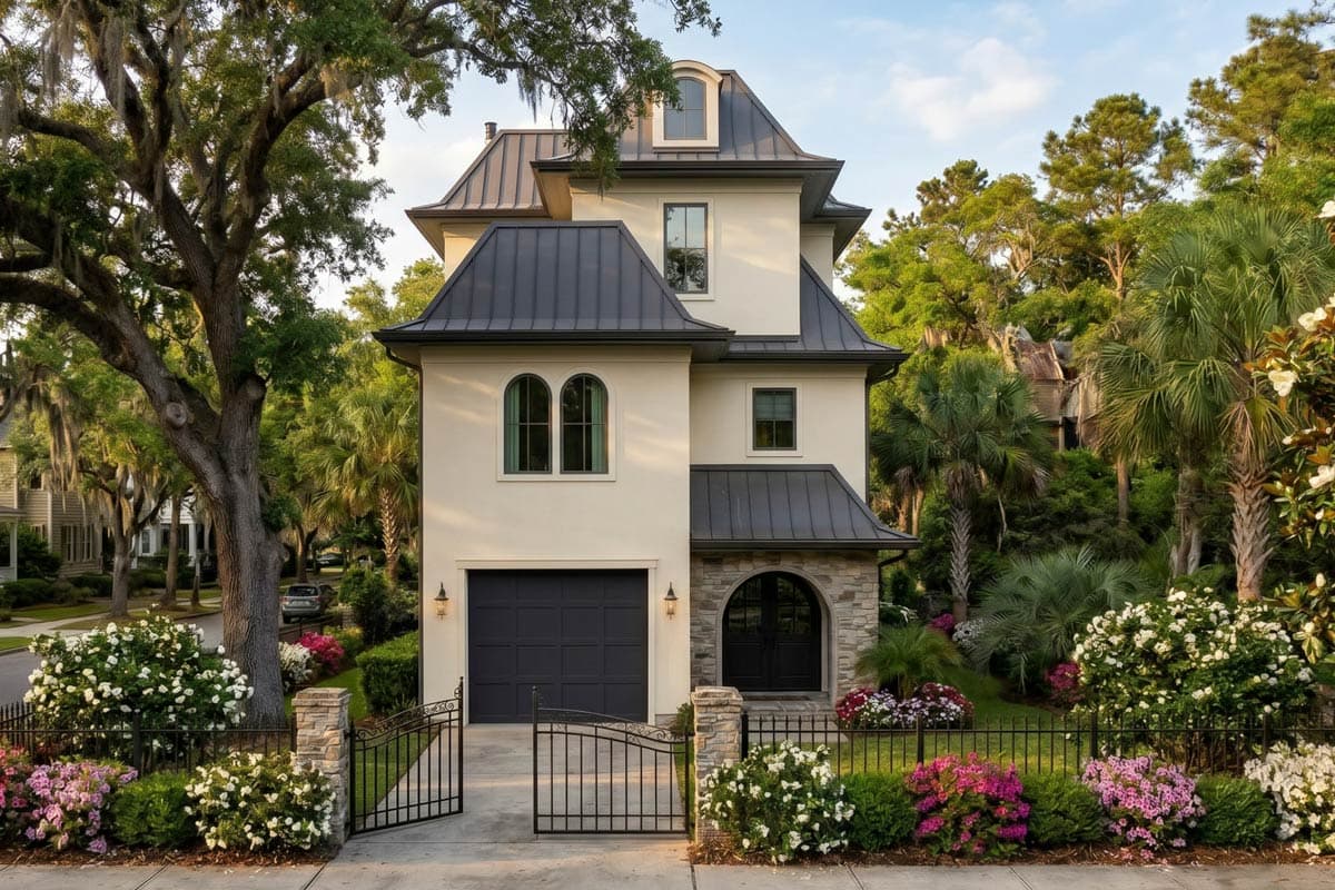 House plan exterior: tall, narrow home with mansard rooflines, arched second-story windows, and stone-clad entrance.