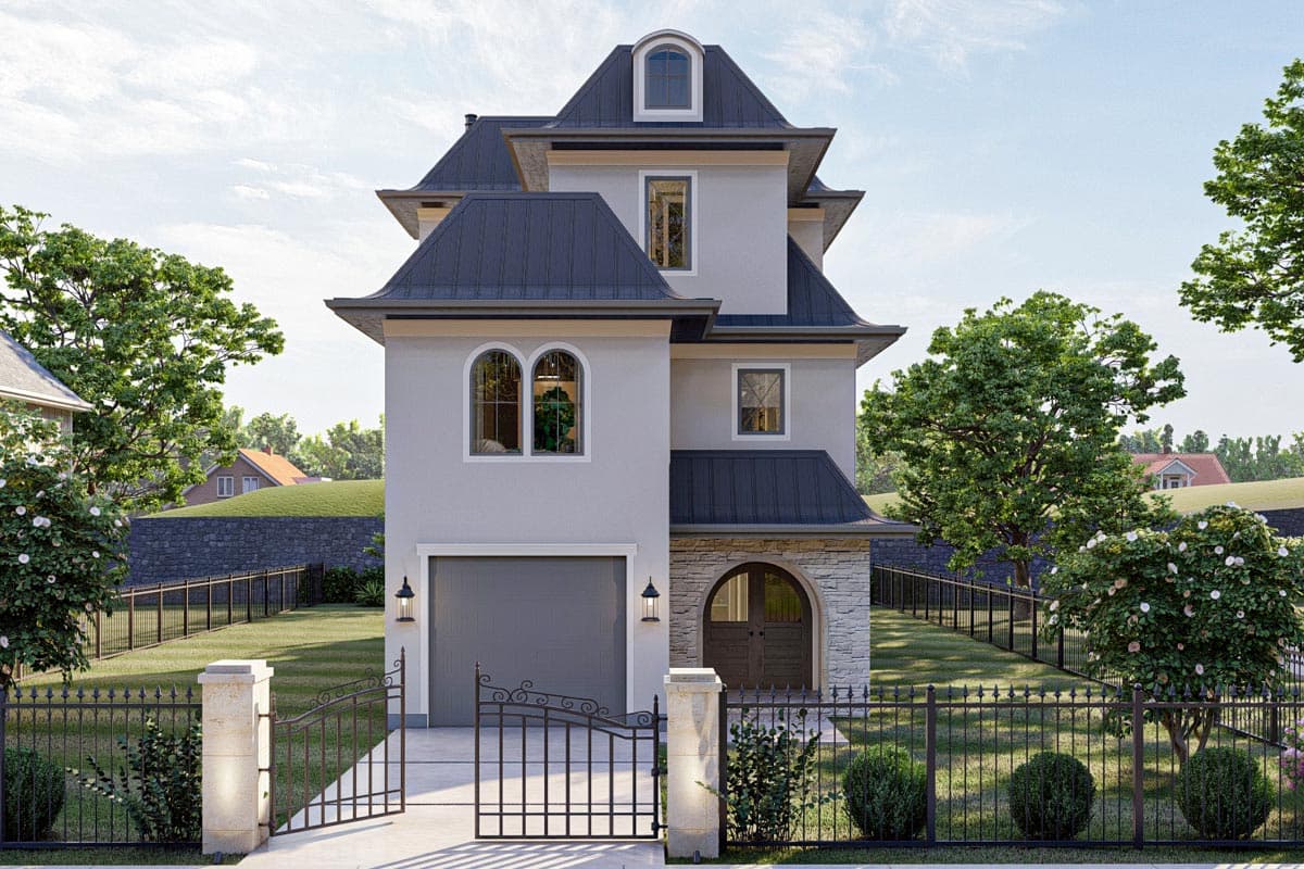 House plan exterior with a three-story design. Features include a steeply pitched roof, dormers, arched entry, and a garage.