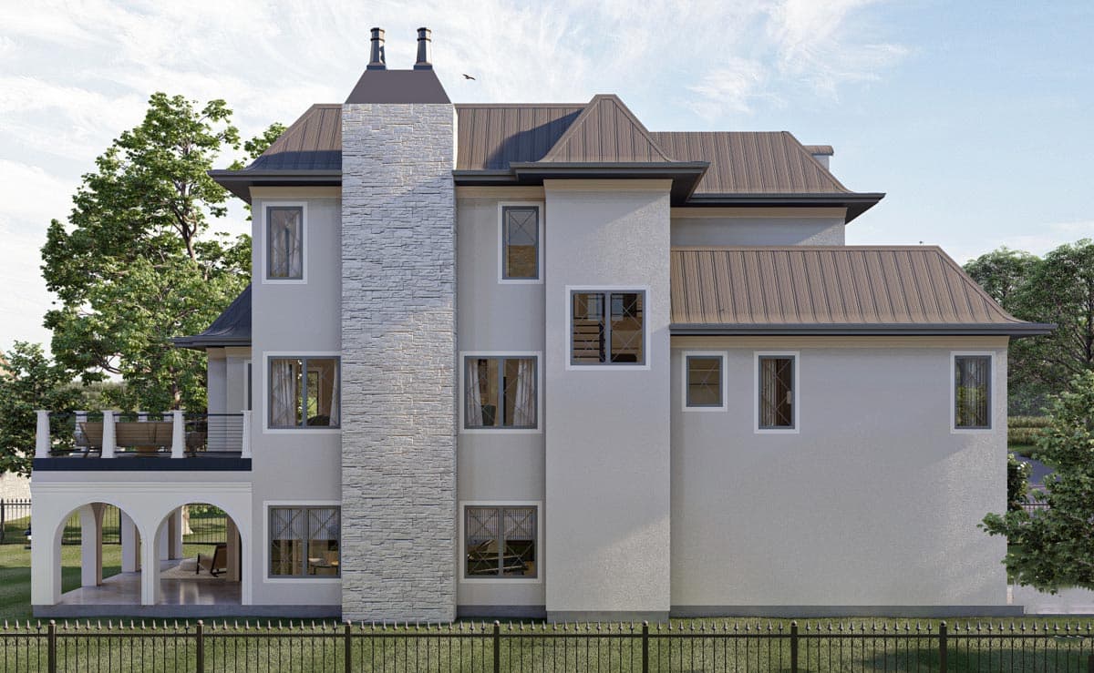 House plan exterior, three stories, with a prominent stone chimney, metal roof, and arched entryway.