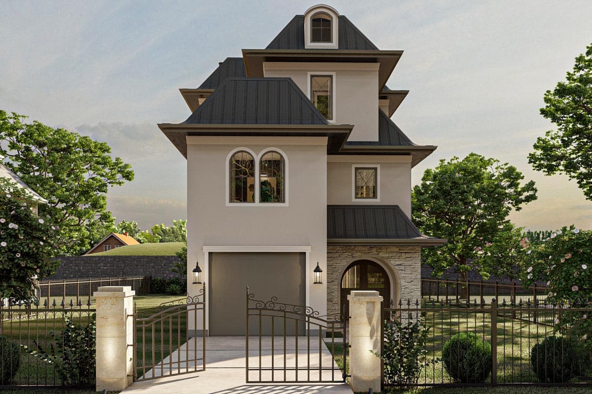 House plan exterior: tall, narrow home with mansard rooflines, arched second-story windows, and stone-clad entrance.