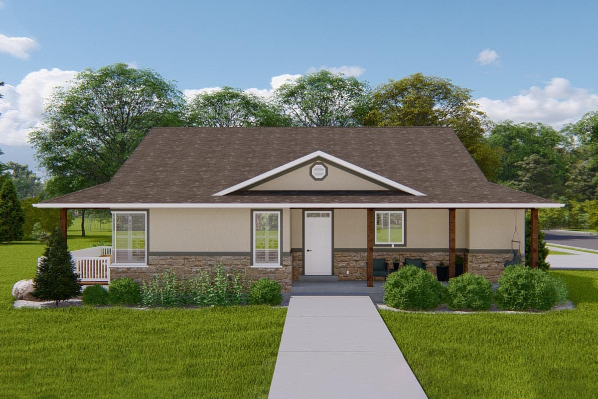 House plan exterior. Ranch style with a covered porch, stone facade accents, and a gable roof with a decorative vent. One story.