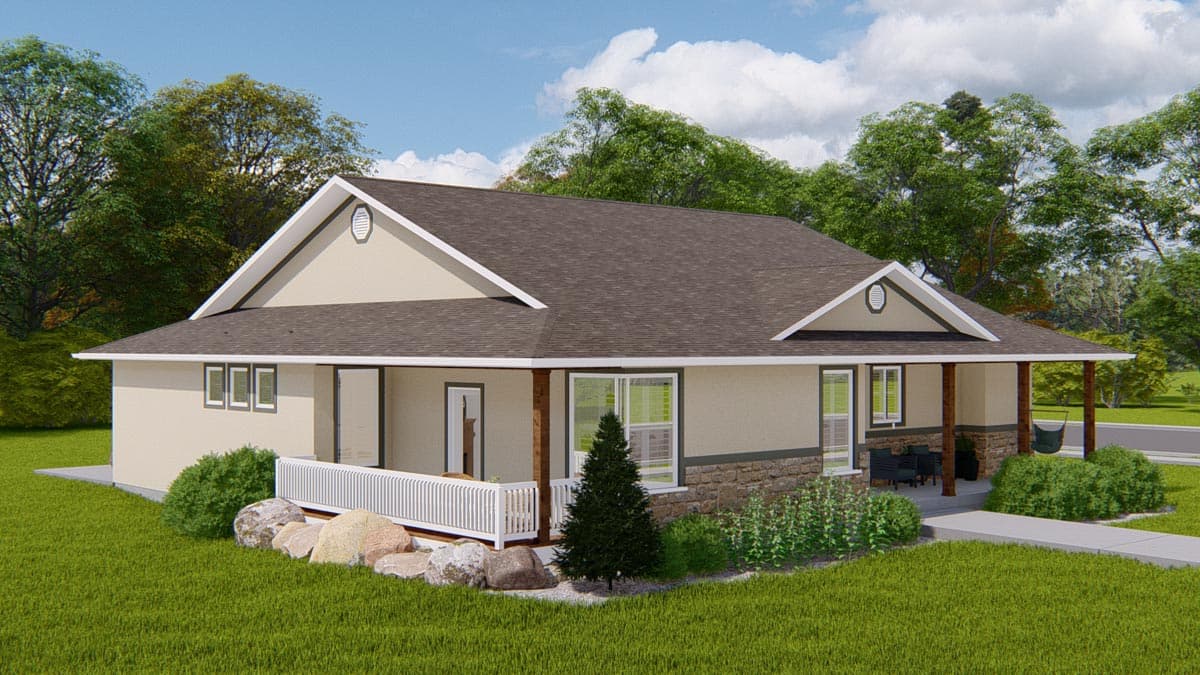 House plan exterior, single-story Ranch style with gables, covered front porch, and stone wainscoting.