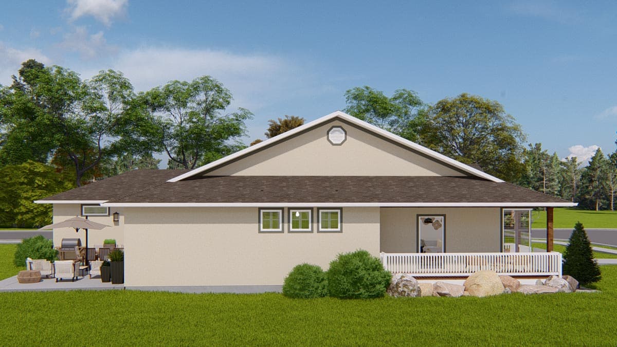 House plan exterior, single story, with gable roof, covered porch, and outdoor seating area.