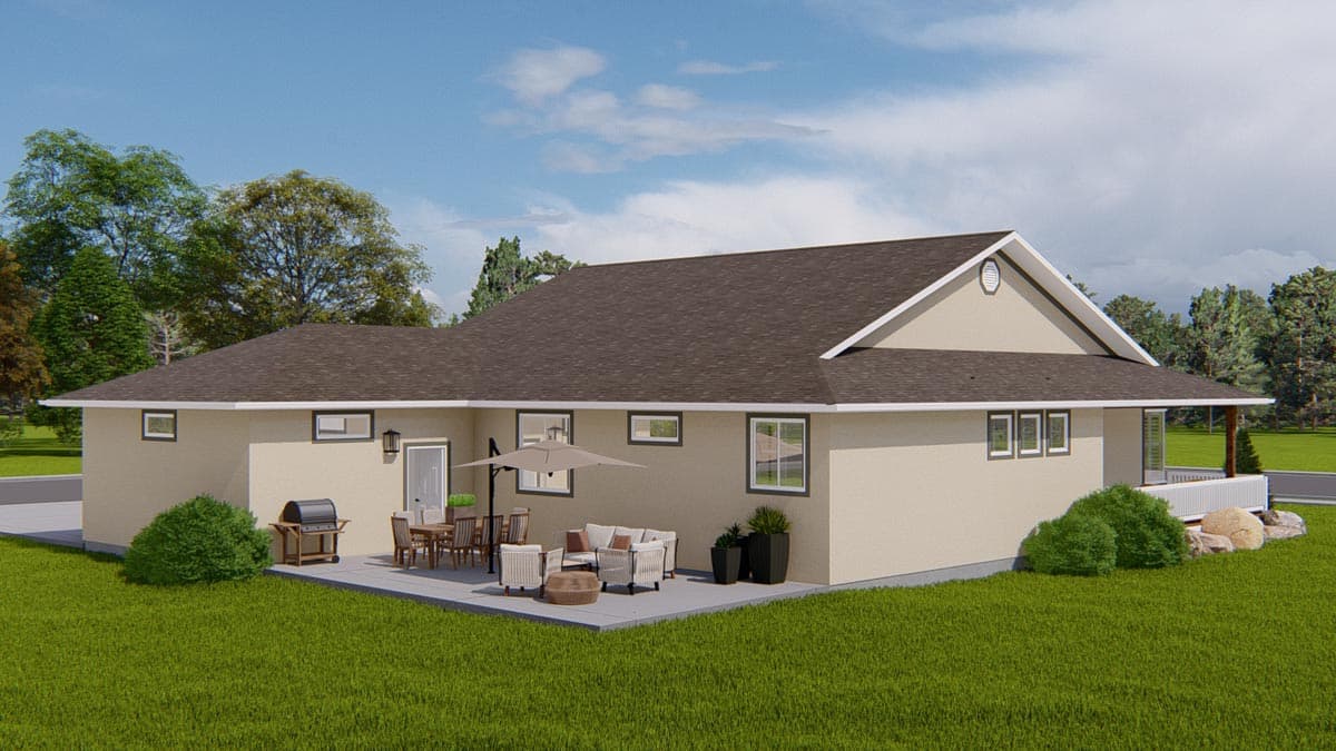 House plan exterior: one-story ranch with hip roof, gabled dormer, patio, and attached grill.
