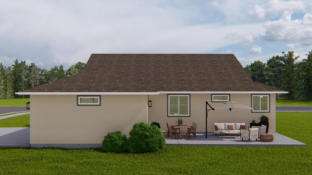 House plan exterior: Single-story residence with a hip roof, stucco siding, and a patio with outdoor furniture.