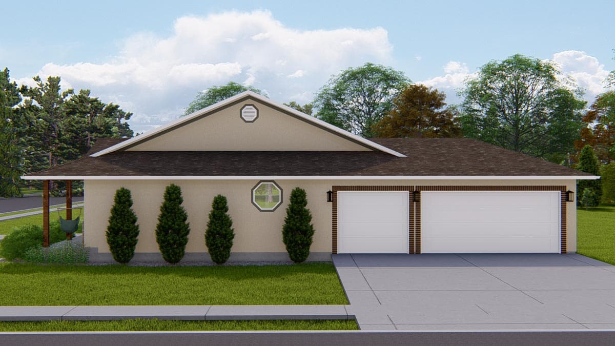 House plan exterior: One-story ranch with a prominent gable, attached double garage, and covered front porch.