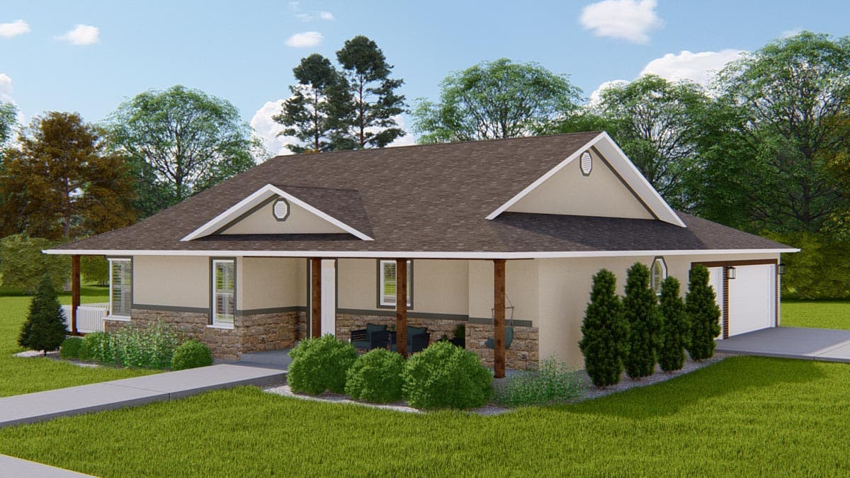 House plan exterior: Ranch style, one story, with a covered porch, stone wainscoting, and attached two-car garage.