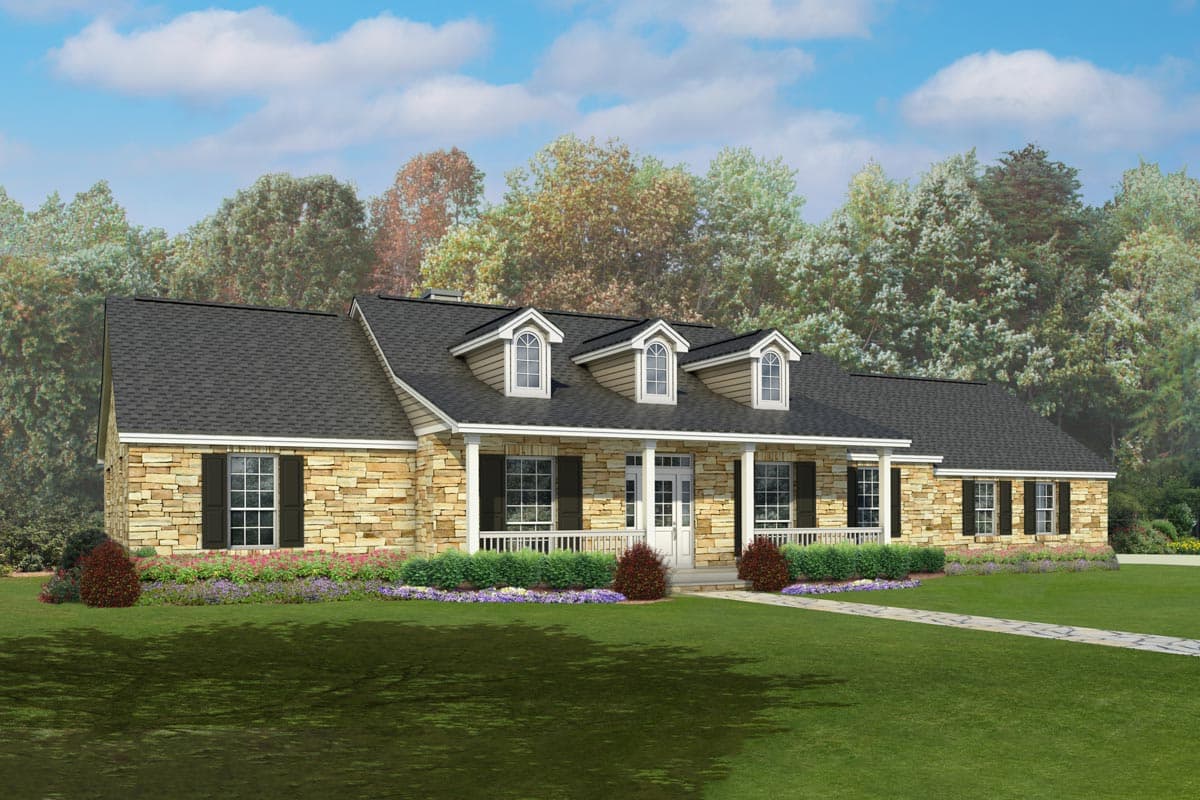 House plan exterior with stone veneer facade, a single story, and a covered front porch with three dormers in a symmetrical layout.