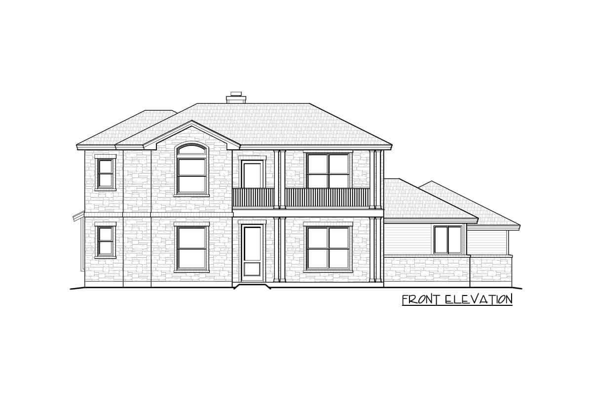 Front elevation drawing of a two-story house with stone and horizontal siding, double front porch, and arched window.