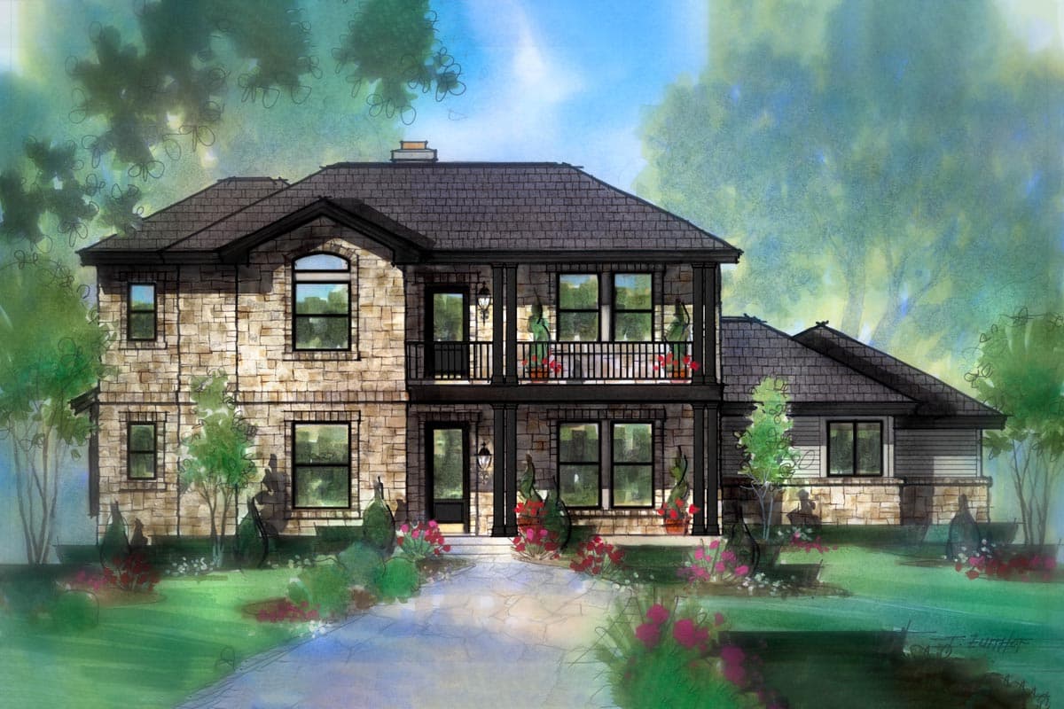 House plan exterior. Two-story home with stone facade, dark gabled roof, and a balcony. Features include a front porch and dormer windows.