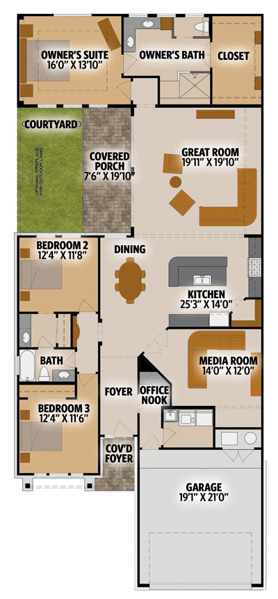 Plan 333017JHB: C-Shaped Rustic Craftsman House Plan with Courtyard - Floor Plan - Main Level - Bungalow, Country, Craftsman, Hill Country, Ranch, Rustic
