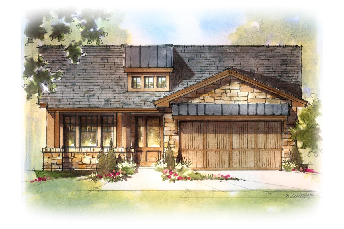 House plan exterior rendering. Craftsman style with a stone facade, gabled roof, and attached garage. Includes a covered porch and dormer.