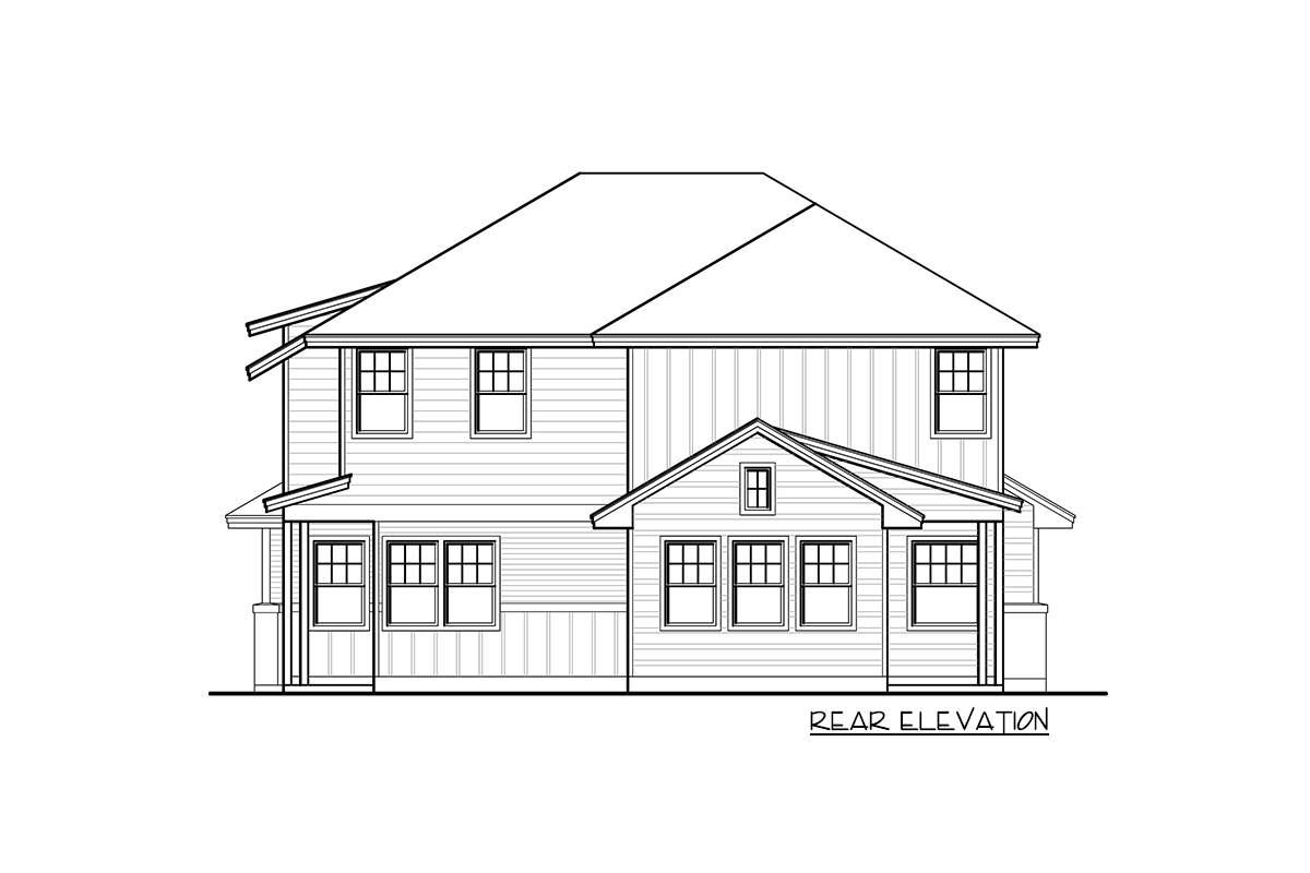Rear elevation drawing of a two-story house plan with multiple gables, varied siding, and covered porch areas.