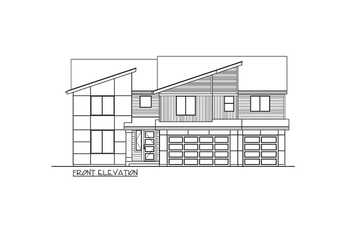 Front elevation drawing of a two-story house plan with multiple garages, asymmetric rooflines, and varied window arrangements.