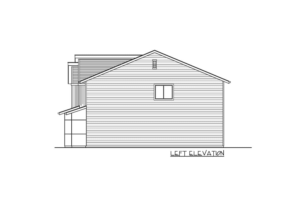 Left elevation drawing of a house plan, showing a single story with horizontal siding, a gable roof, and one window.