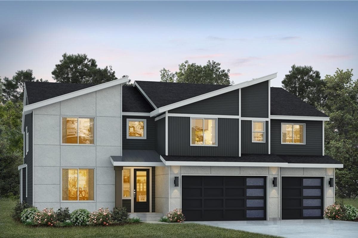 House plan exterior with modern design. Two-story home with a shed roof, three-car garage, and a covered entry.