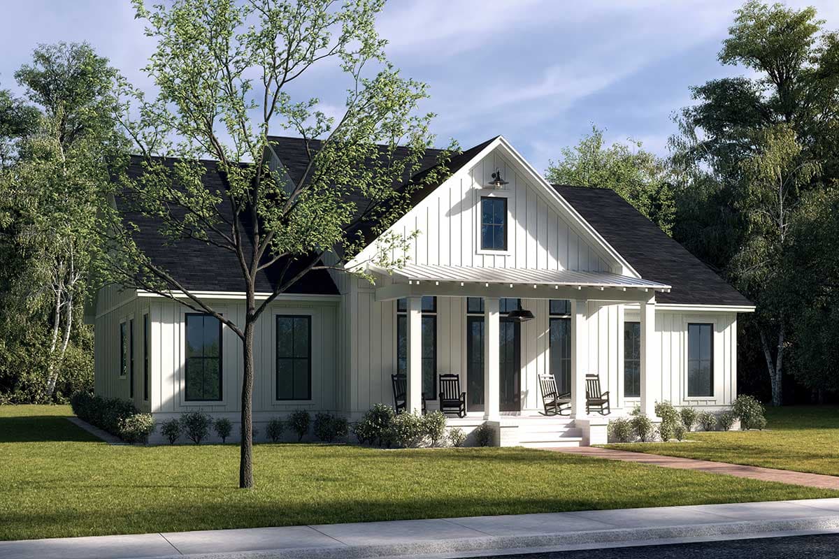 House plan exterior. Modern Farmhouse style with a single story, front porch with columns, and gable roof. Features include board and batten siding.