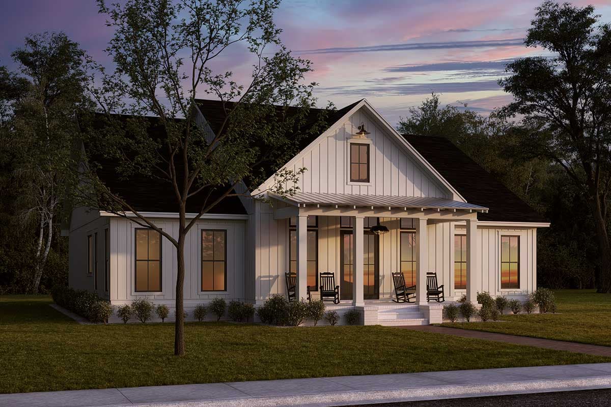 House plan exterior: Modern Farmhouse style, one-story, with a metal-roofed front porch, board-and-batten siding, and prominent gables.