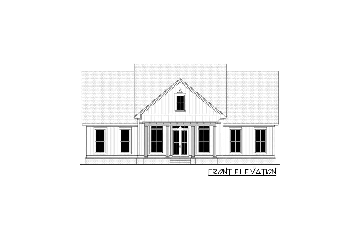 Front elevation house plan drawing featuring a prominent gable with a dormer window and a covered entry with columns.