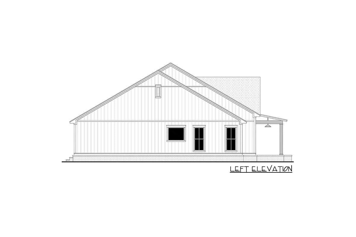 Left elevation of a one-story house plan featuring a gable roof, vertical siding, and a covered porch with a pendant light.