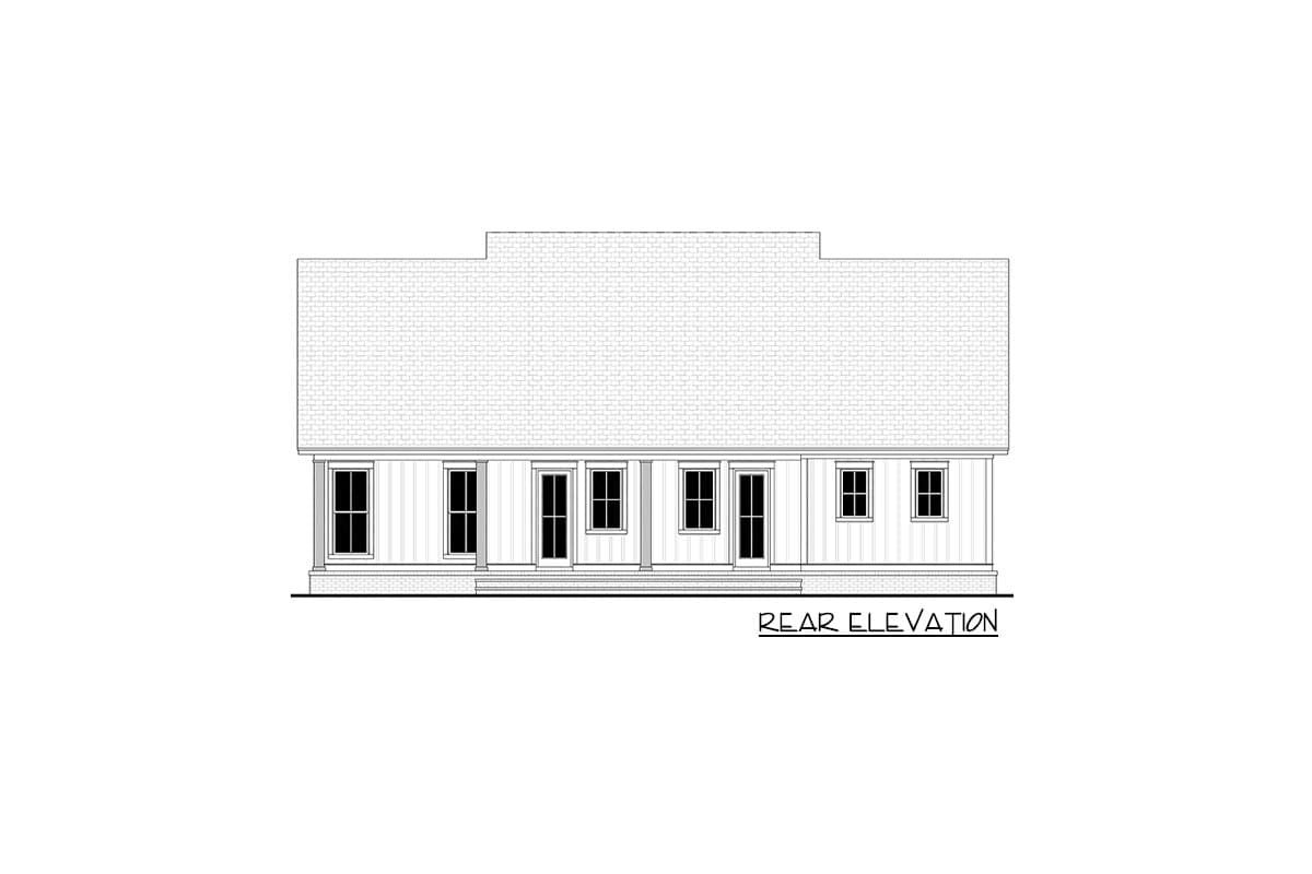 Rear elevation drawing of a one-story house plan with a porch, multiple windows, and doors.