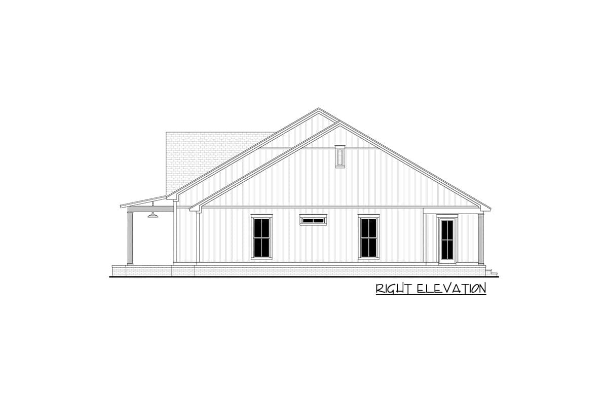 Right elevation of a one-story house plan with a gabled roof, side porch, and vertical siding.
