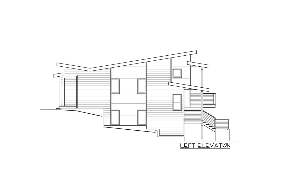 Left elevation drawing of a modern house plan featuring a multi-level roof, horizontal siding, and numerous rectangular windows.