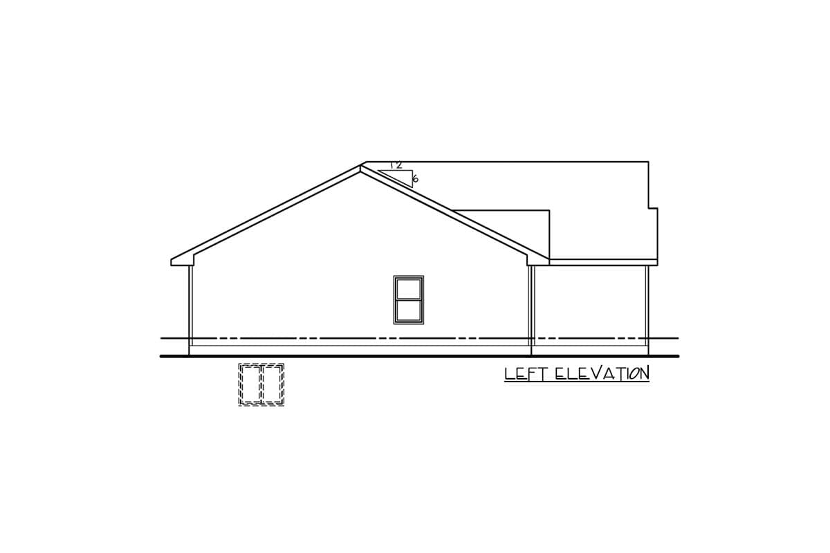 Left elevation drawing of a house plan showing a single window, pitched rooflines, and a covered porch area.
