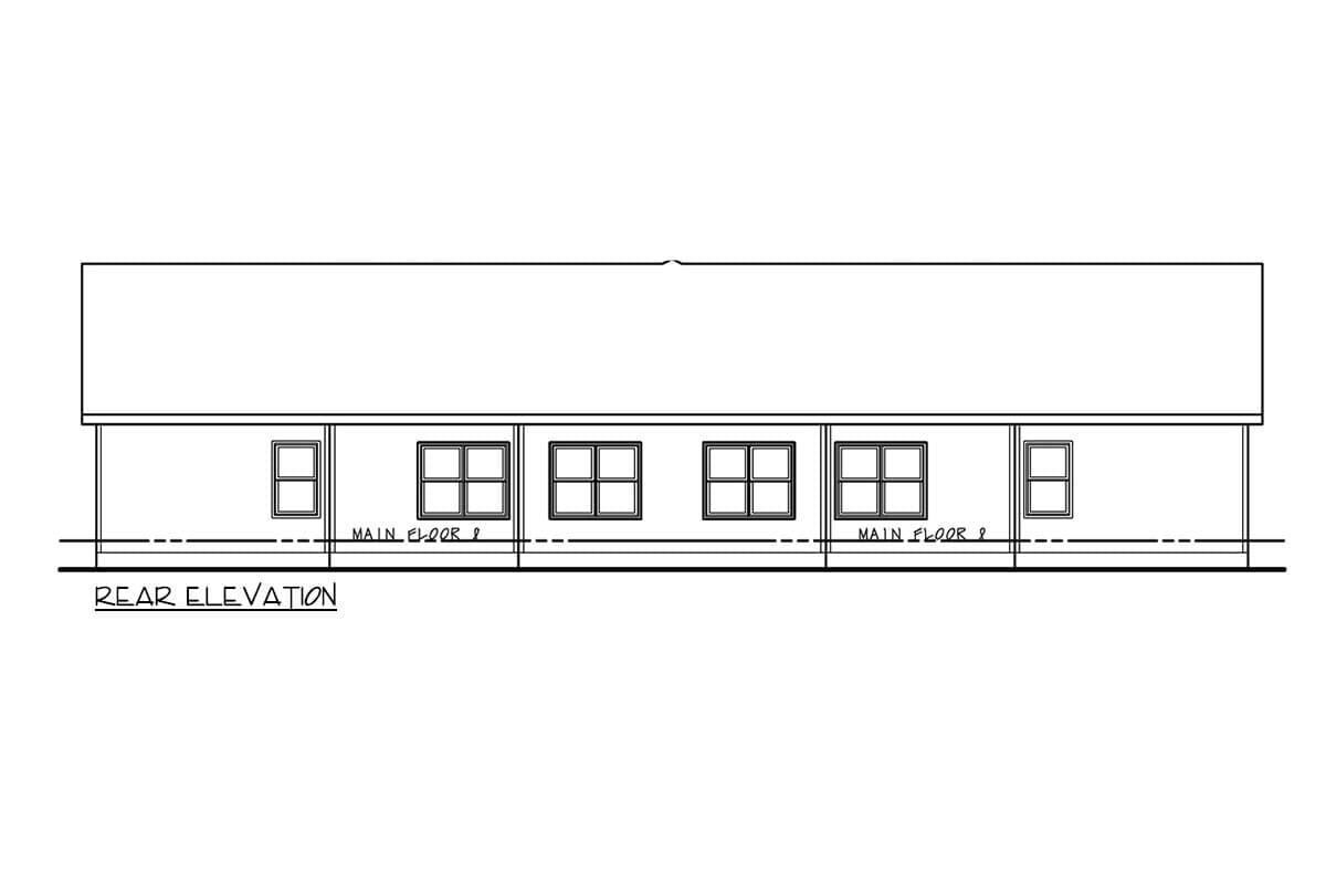 Rear elevation drawing of a one-story house plan with a simple roofline and six windows on the main floor.