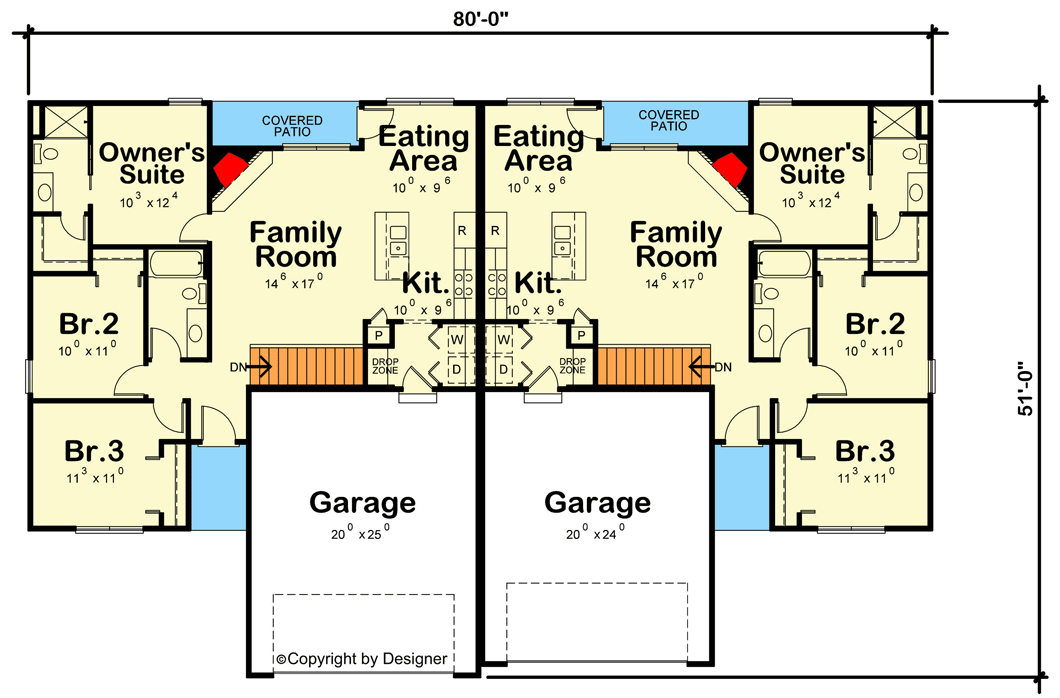 Plan 42704DB: Duplex House Plan with 3 Clustered Bedrooms and a 2-Car Garage - 1176 Sq Ft Each - Floor Plan - Main Level - Ranch, Traditional
