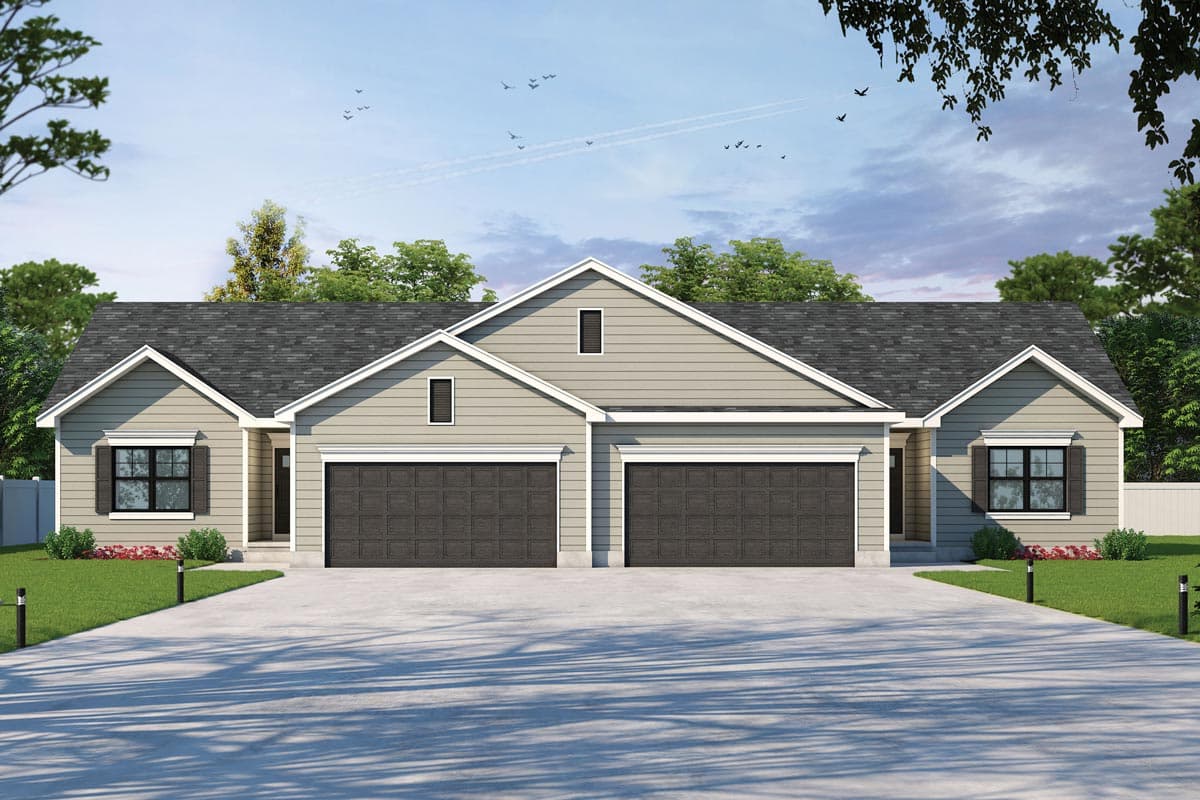 House plan exterior with two-car garage, multiple gables, and dark roof. The home is one story and has a neutral siding color with shutters.