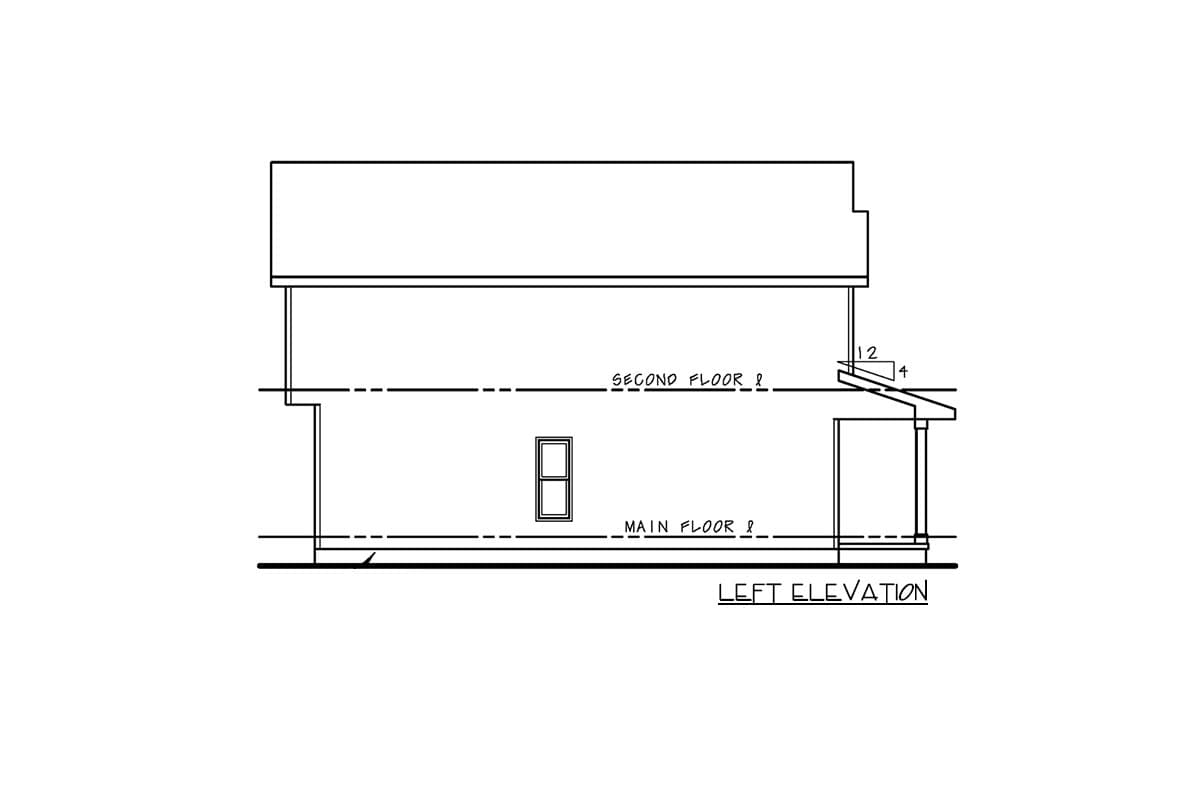 Floor plan drawing: Left elevation showing a two-story house with a main floor window and a second-floor porch with two columns.