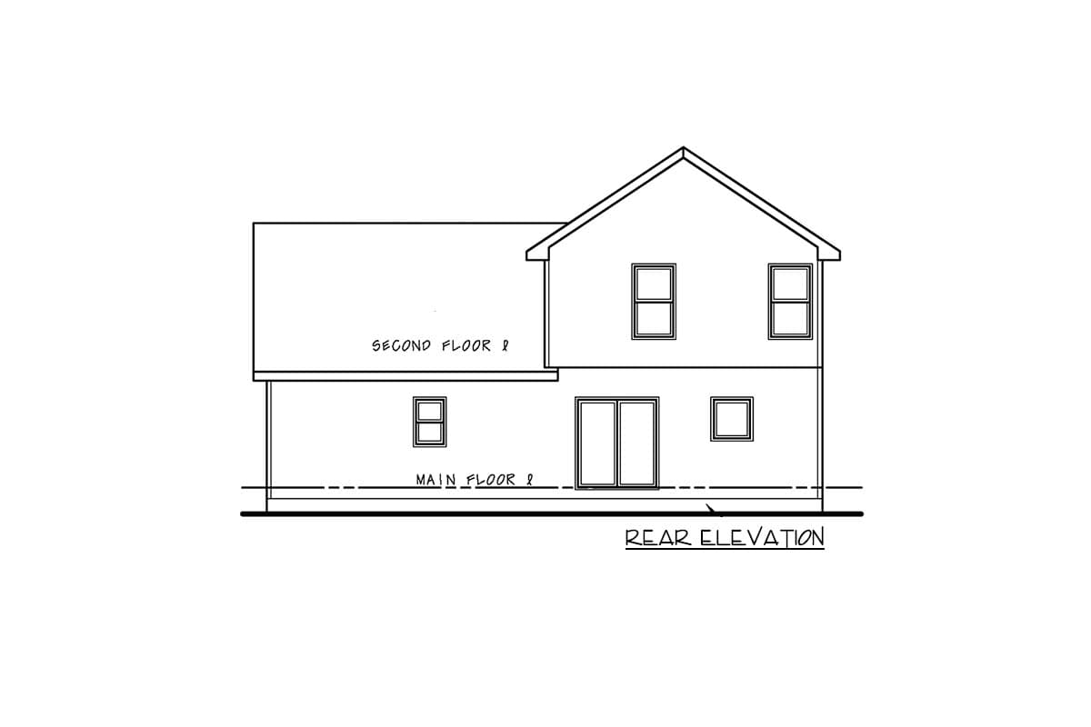 Rear elevation drawing of a two-story house plan with gable roof, showing windows and sliding glass doors.