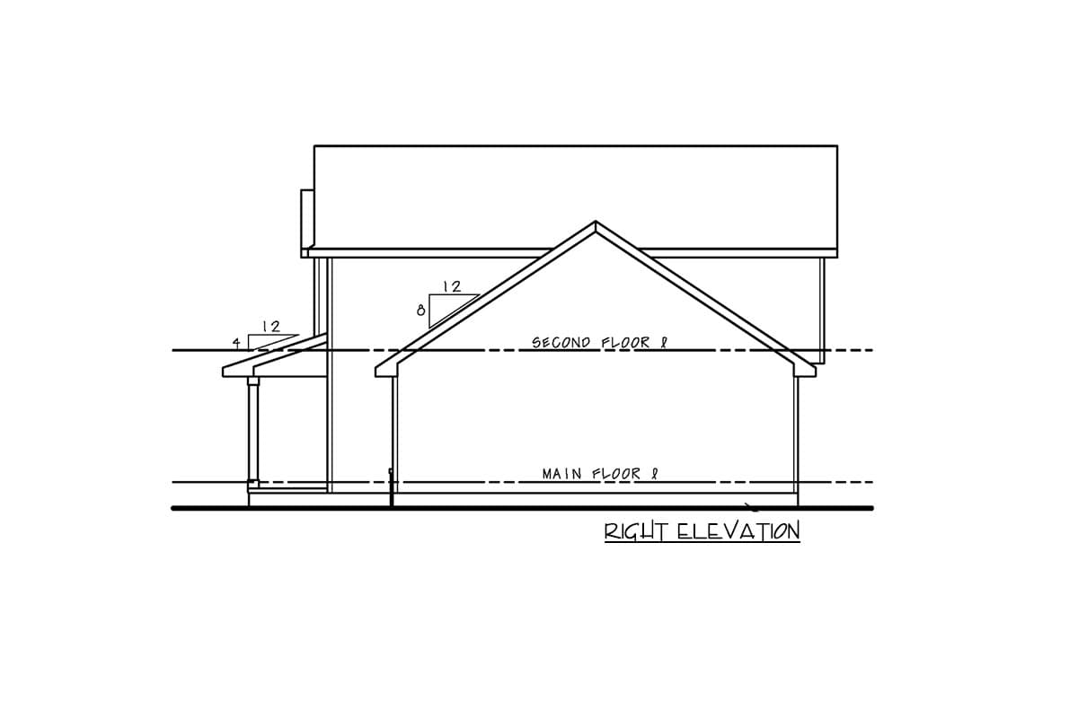 Right elevation drawing of a two-story house plan with a gabled roof and covered entryway.