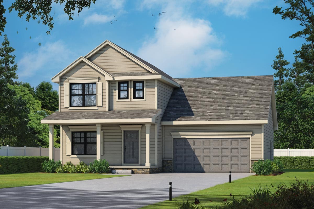 House plan exterior. Two-story home with a gabled roof, front porch with columns, and attached two-car garage. Windows are black-framed.