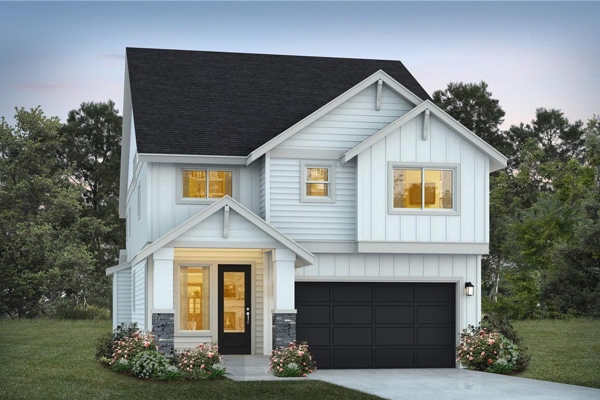 House plan exterior. Two-story Modern Farmhouse with gabled roof, board and batten siding, and a front-facing garage with carriage-style door.