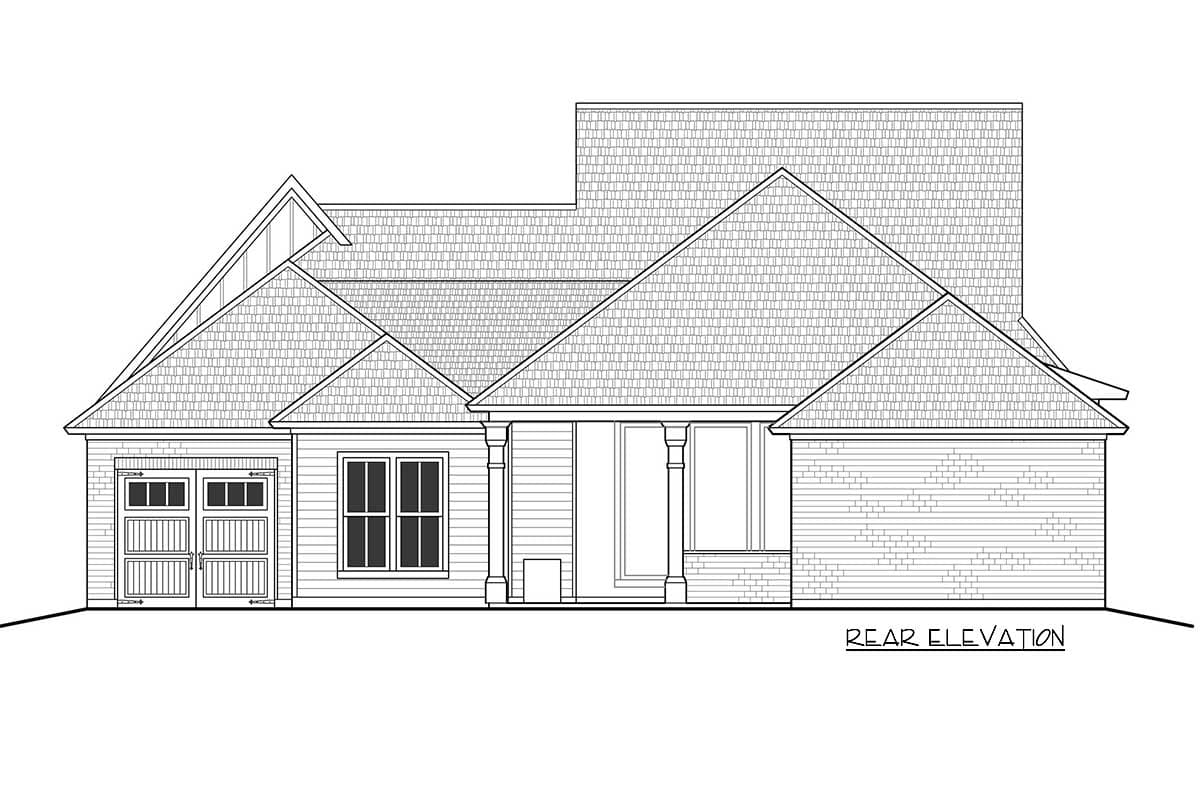 Rear elevation drawing of a one-story house plan with a two-car garage, covered porch, and varied rooflines.