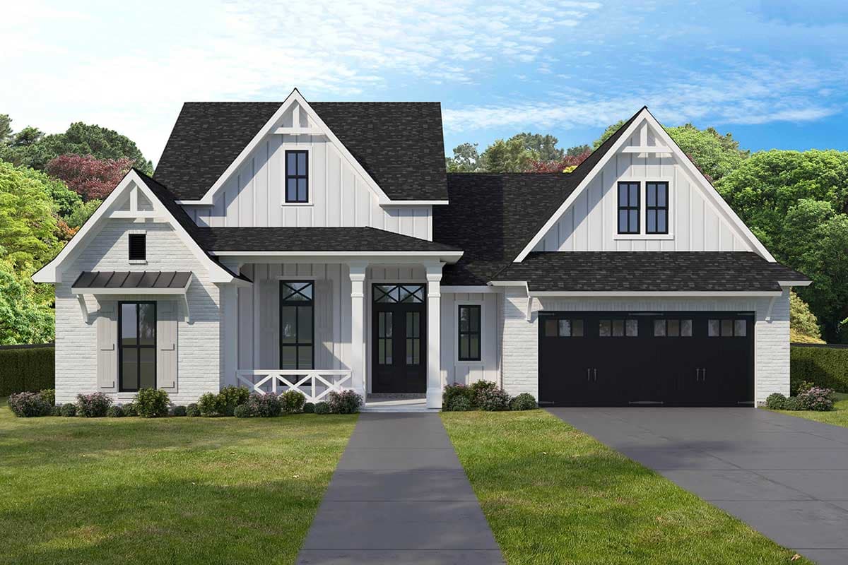 House plan exterior. Modern Farmhouse style with two stories, gables, a covered porch, and a side-entry garage.