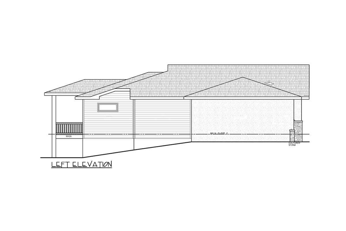 Left elevation drawing of a house plan with a deck, horizontal siding, pitched rooflines, and cultured stone accents.