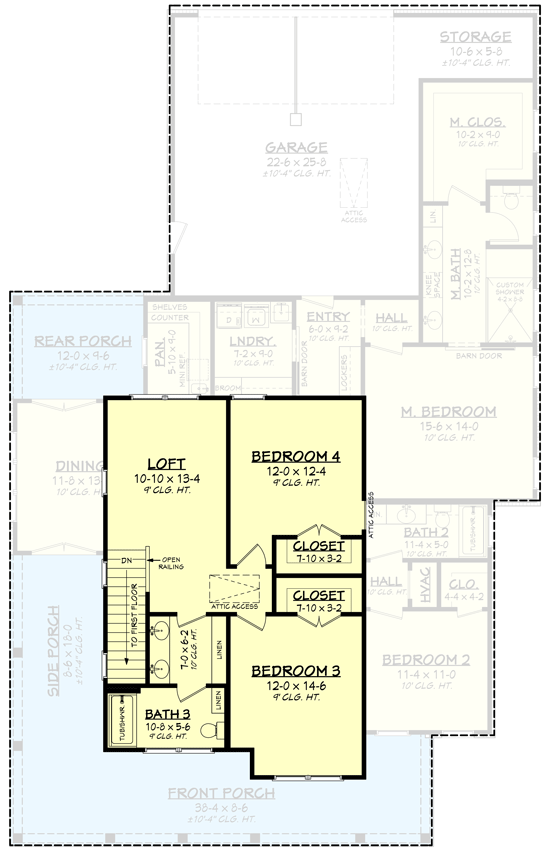 Plan 51889HZ: Board and Batten Farmhouse with Dining Room with Front and Rear Porch Access - Floor Plan - 2nd Floor - Country, Farmhouse, Modern Farmhouse, New American