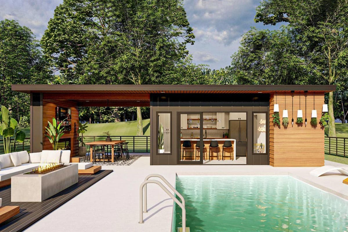House plan exterior with a modern design featuring a pool, open-air kitchen with an island, and a covered patio with a fireplace.
