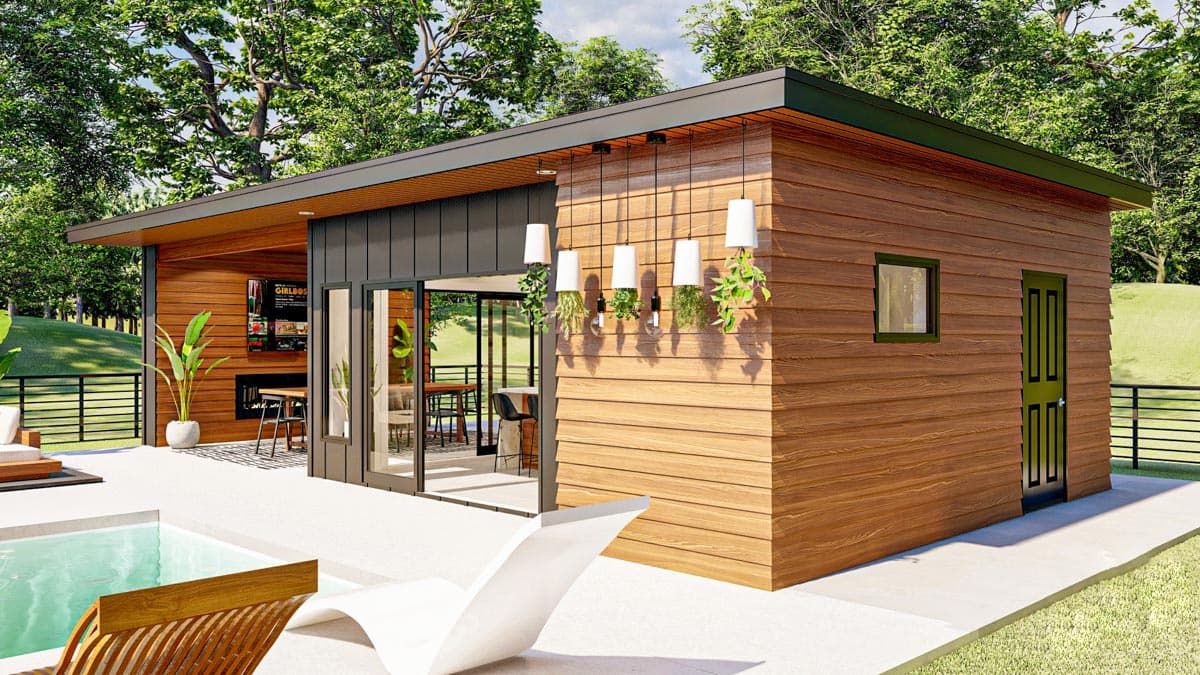 Modern house plan exterior with wood siding, flat roof, large glass doors, and covered outdoor entertainment area with a fireplace.