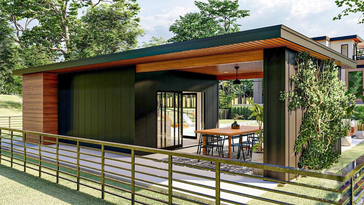 Modern house plan exterior with wood siding, dark metal panels, cantilevered roof, and covered patio with dining set.