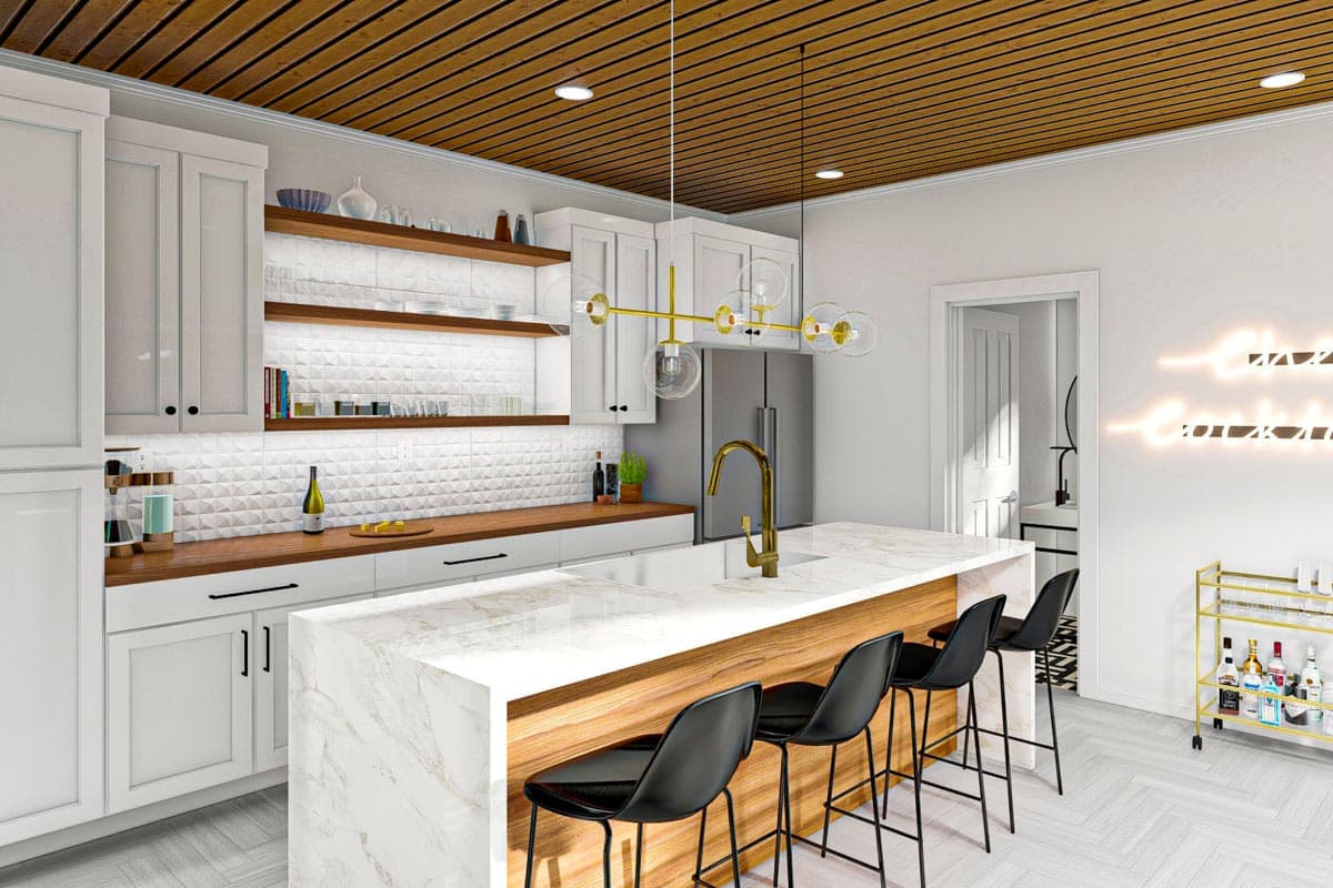Modern kitchen with large island, wood ceiling, white cabinetry, and textured backsplash.