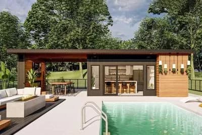 Pool House with a Modern Touch and a Covered Patio with Fireplace