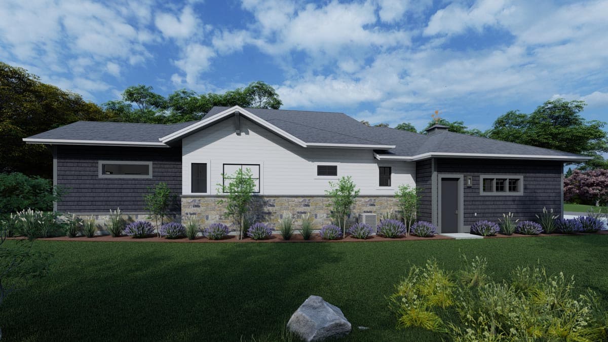 House plan exterior: one-story Modern style with stone base, shingle siding, gable roof, and varied window styles.
