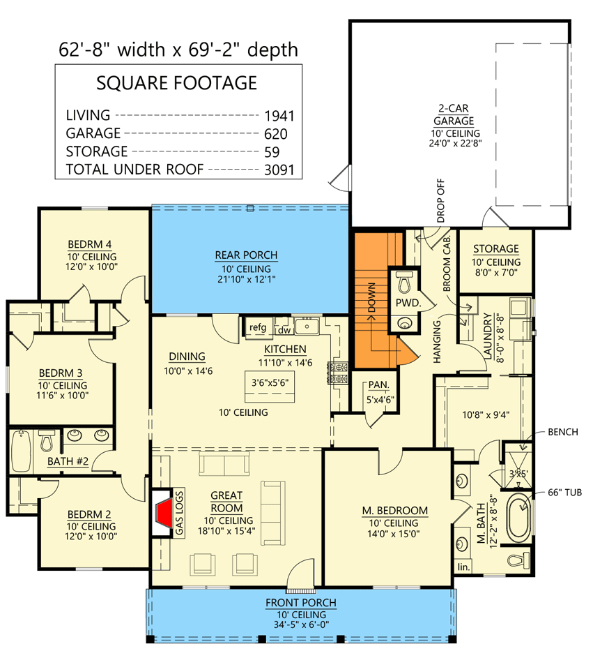 Plan 56516SM: 4-Bed Modern Farmhouse with Split-Bedroom Layout - 1880 Sq Ft - Floor Plan - Main Level - Basement Foundation Option - Country, Farmhouse, Modern Farmhouse, New American, Traditional