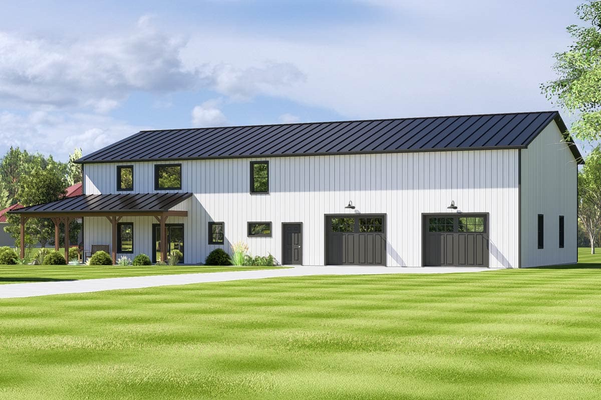 House plan exterior. Two-story Modern Farmhouse with a gabled roof, covered porch, and attached garage. Includes vertical siding and dark trim.