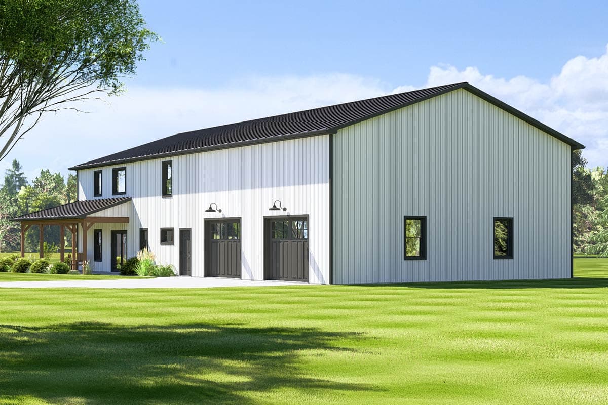 Two-story house plan exterior with a metal roof, white vertical siding, a covered porch, and two garage doors.