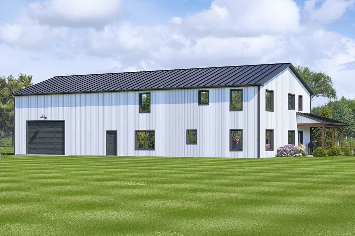Plan 135083GRA: Rectangular Barndominium with L-Shaped Porch and Drive-Through Garage - Image #4 - Barndominium, Country